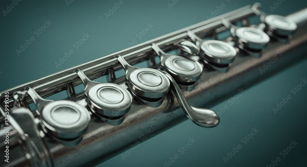 Obraz premium Close-up of a Flute with Keys on a Soft Blue Background