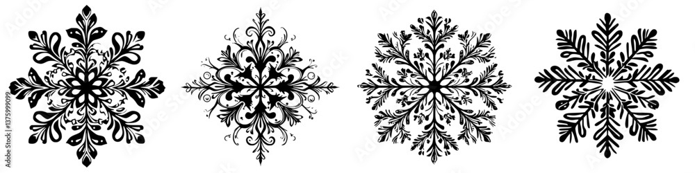 Elegant black and white snowflake designs showcasing intricate patterns for winter decorations Elegant black and white snowflake designs showcasing intricate patterns for winter decorations