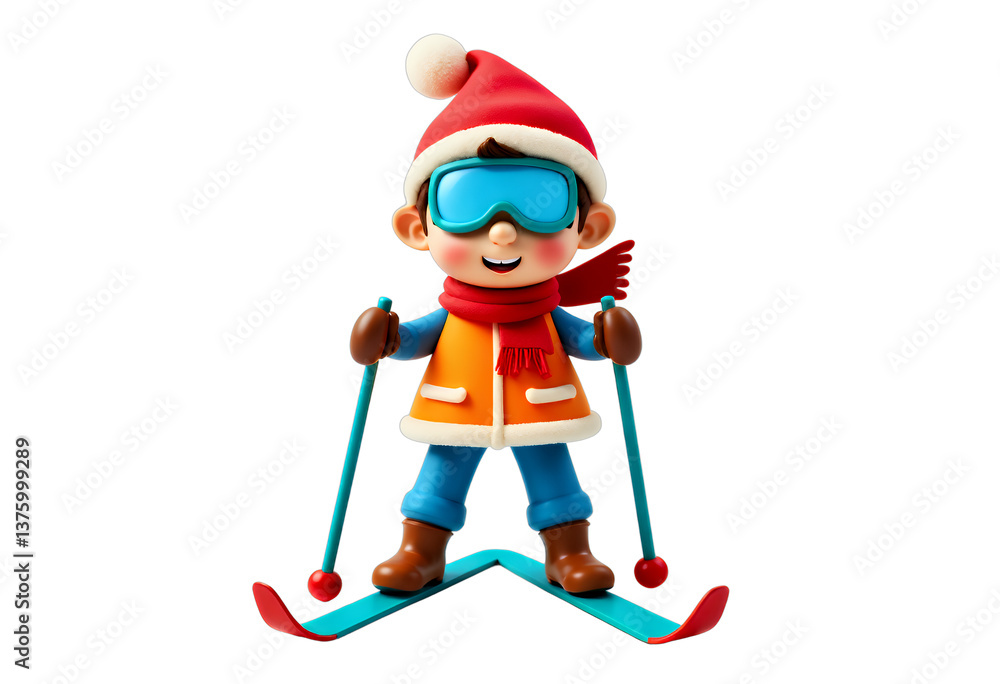 Fototapeta premium Cartoon Skier Boy with Santa Hat, transparent background. Festive, Winter.