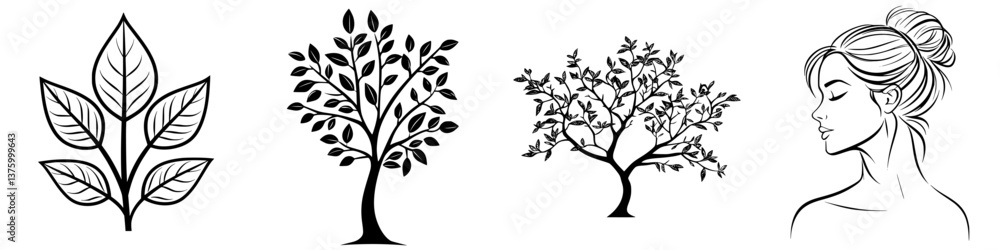 Elegant line art featuring leaves and trees alongside a serene woman's profile Elegant line art featuring leaves and trees alongside a serene woman's profile