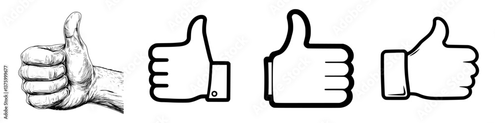 Different styles of thumbs up gestures showcasing positivity and approval in diverse illustrations Different styles of thumbs up gestures showcasing positivity and approval in diverse illustrations
