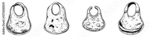 Unique collection of hand-drawn baby bibs showcasing various textures and patterns in black and white