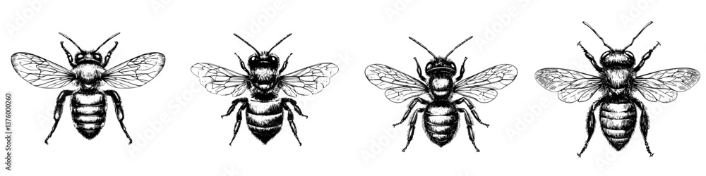 Detailed illustration of various bee species showcasing distinct features and wing patterns for educational purposes Detailed illustration of various bee species showcasing distinct features and wing patterns for educational purposes