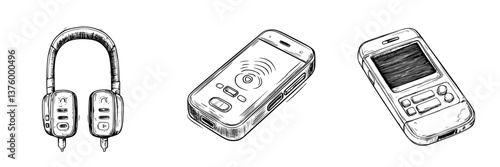 Wireless headphones, smartphone, and vintage mobile phone arranged together in a contemporary setting