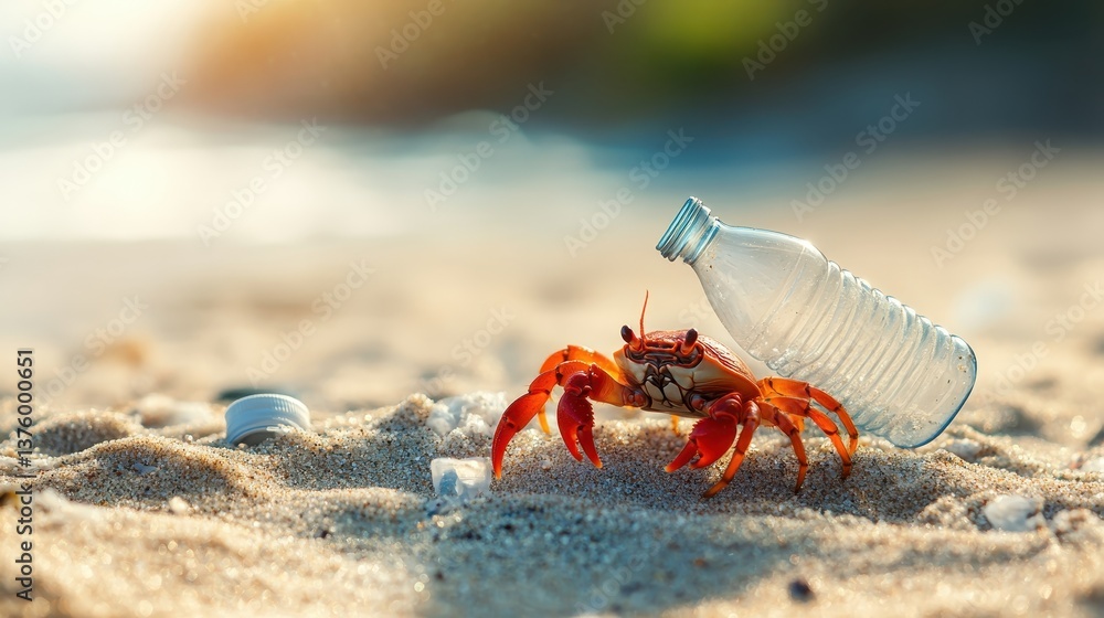 hermit crab crawling over plastic bottle shards on a sunlit beach close up focus on survival dynamic manipulation sandy terrain hermit crab crawling over plastic bottle shards on a sunlit beach close up focus on survival dynamic manipulation sandy terrain