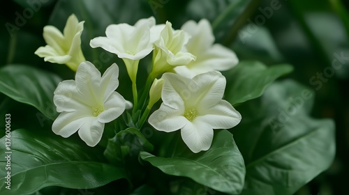 Closeup of Delicate White Flowers Blooming Lush Green Foliage