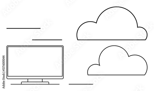 Computer monitor beside two cloud icons. Ideal for cloud computing, data storage, digital technology, online services, remote work, networking, web applications. Line metaphor
