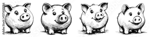 Cute cartoon pigs expressing various emotions in a whimsical artistic style