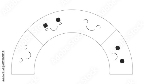 Curved rainbow-shaped segments with cute smiling and sad faces 2D line object. Mood swing. Feelings chart. Emotions arc isolated clipart vector ink outline item. Monochrome spot illustration