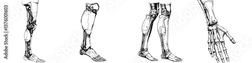 Detailed sketches of various prosthetic limb designs showcasing functionality and structure