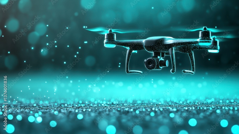 A black drone hovers above a teal glittering surface, surrounded by bokeh lights. The image evokes a sense of futuristic technology and subtle magic.