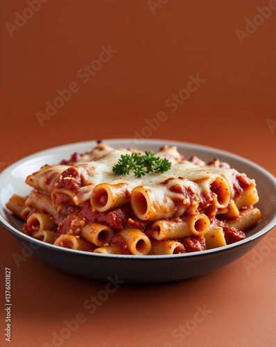 A bubbly looking baked ziti on a plain deep orange background