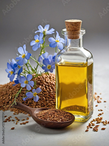 a transparent glass bottle filled with golden flaxseed oi