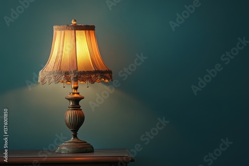 A detailed image depicting a vintage lamp with illuminated lampshade