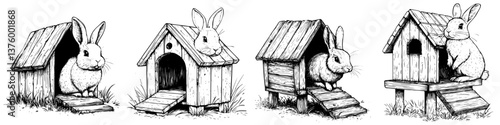 Illustration of four bunnies interacting with their wooden houses in a grassy setting