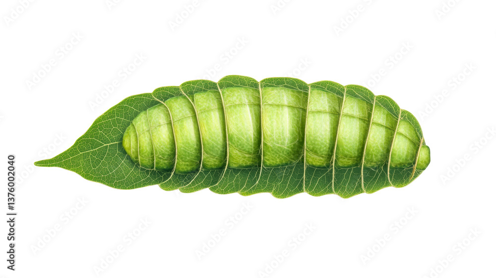 Abstract green leaf caterpillar form, segments tied twine, detailed texture, cut out transparent Abstract green leaf caterpillar form, segments tied twine, detailed texture, cut out transparent