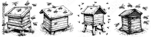 Obraz na płótnie Detailed illustrations of beehives in various styles set in a natural environment w salonie