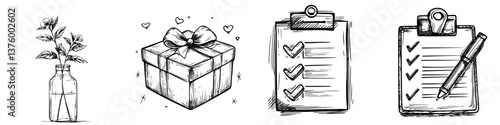 Creative workspace with a flower vase, gift box, checklists, and pen during a productive session