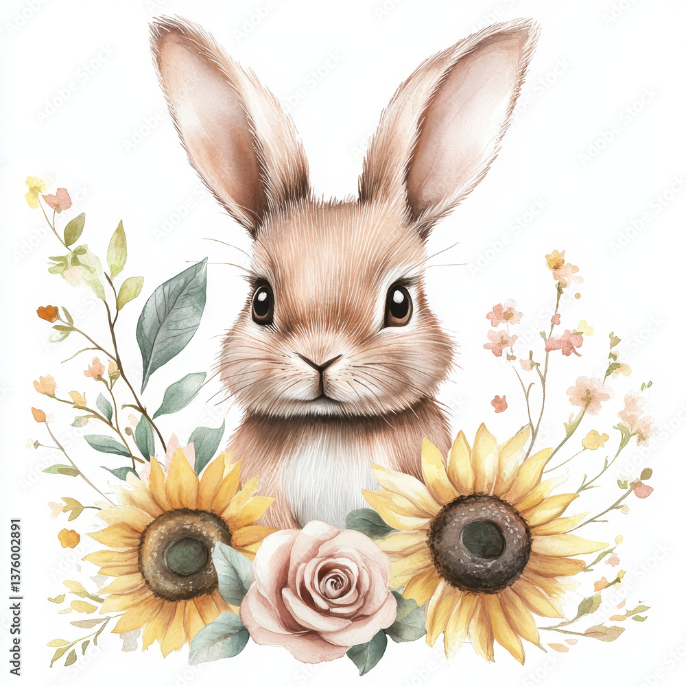 Obraz premium Bunny with Sunflower Bouquet: An adorable illustration of a bunny, surrounded by a beautiful bouquet of sunflowers and roses, evoking a feeling of springtime joy and celebration.