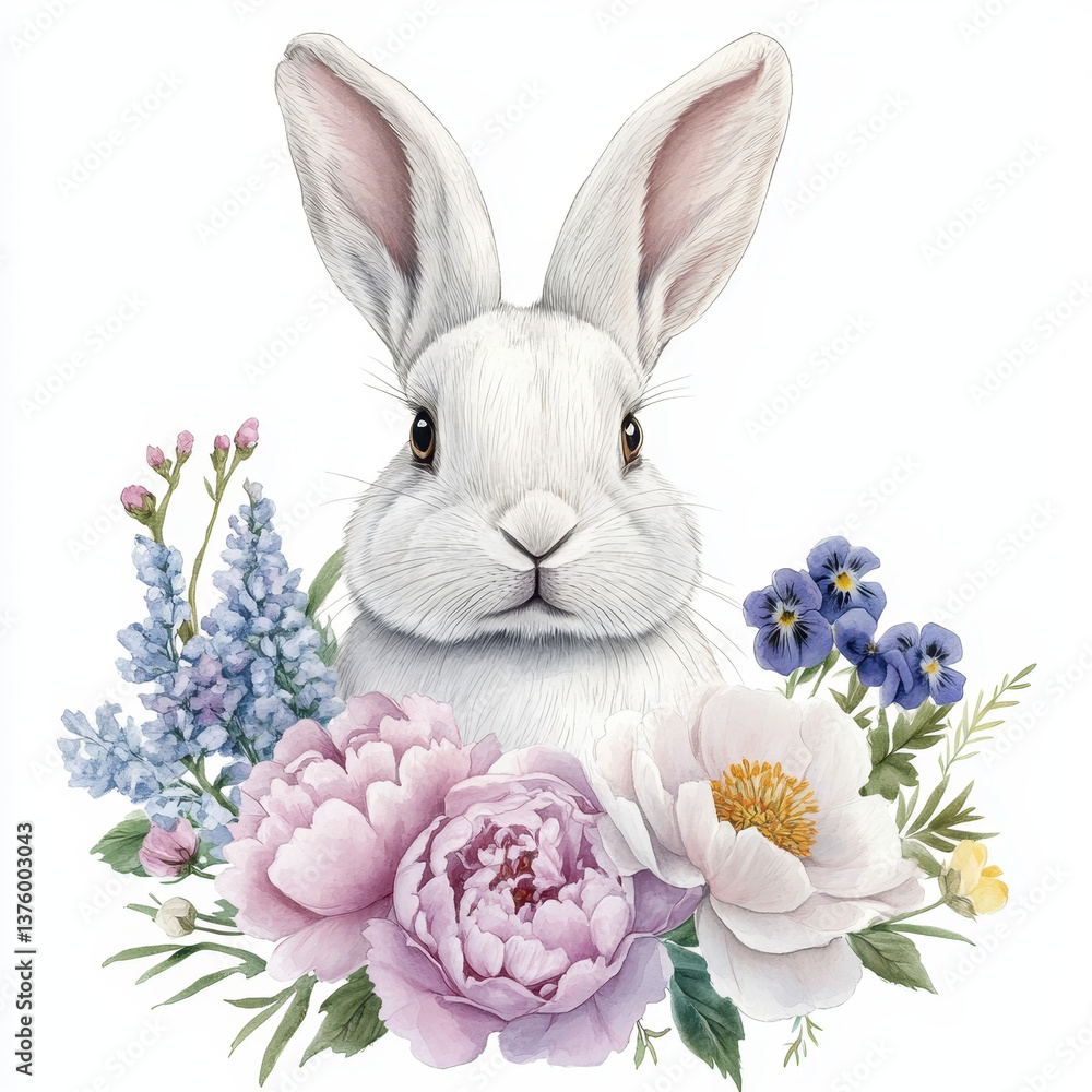 Obraz premium Bunny with Blossom: Capturing the essence of Spring, a charming bunny finds itself surrounded by delicate flowers, a perfect embodiment of the season's charm. 