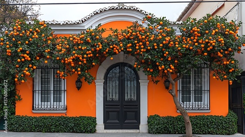 Vibrant Andalusian House with Orange Trees and Elegant Doors Under a Clear Sky