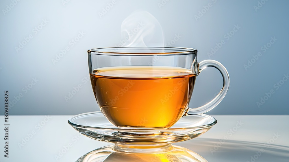 Hot tea in clear glass cup, minimalist composition on white background Hot tea in clear glass cup, minimalist composition on white background