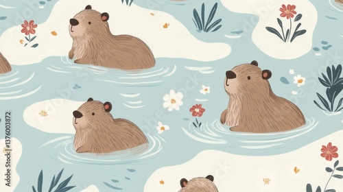 A repeating pattern of playful capybaras floating in hot springs with steam clouds and floral elements cute and whimsical
