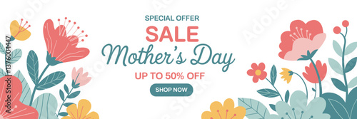 Mother’s Day sale banner with colorful floral design and modern typography – spring special offer promotional template for discounts, marketing, and online shopping campaigns