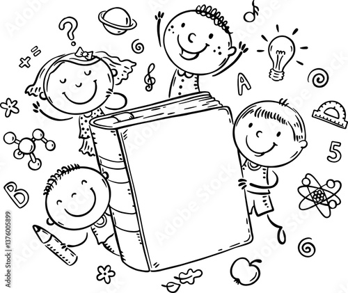 Outline children with a book. Line art set of school objects. Happy kids clipart, black and white vector illustration