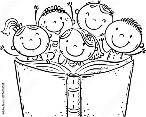 Outline happy kids reading a book together. Happy boys and girls reading a book. Line art cartoon illustration