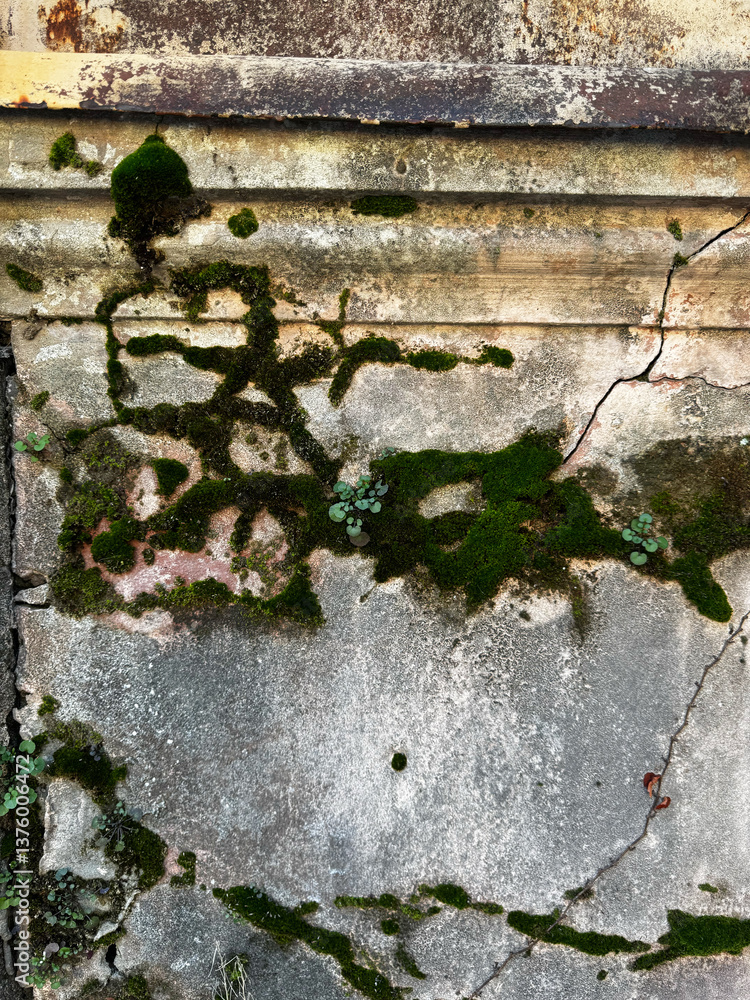 Moss and Cracks on an Aged Concrete Wall