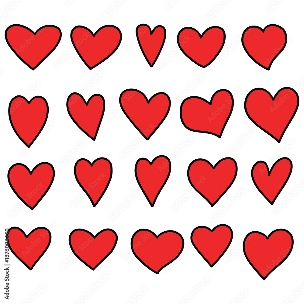 Hand drawn cartoon set of different red hearts on white background. Hand drawn cartoon set of different red hearts on white background.