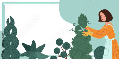 Horizontal banner template. Woman trimming coniferous trees in garden. Vector illustration