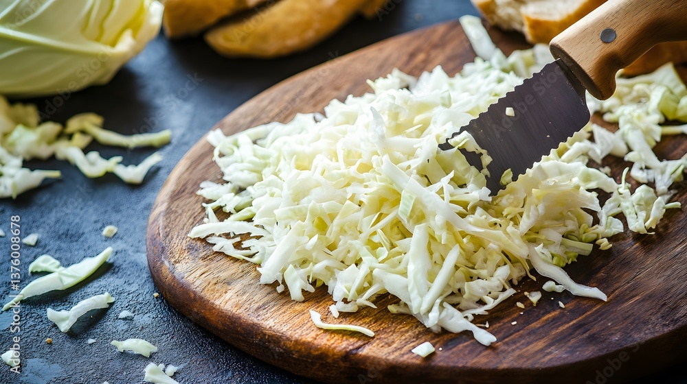 Finely Chopped Cabbage on Wooden Board, Close Up Food Photography Finely Chopped Cabbage on Wooden Board, Close Up Food Photography