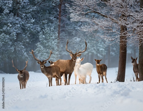 A noble deer with females in the herd against the background of a beautiful winter snow fore