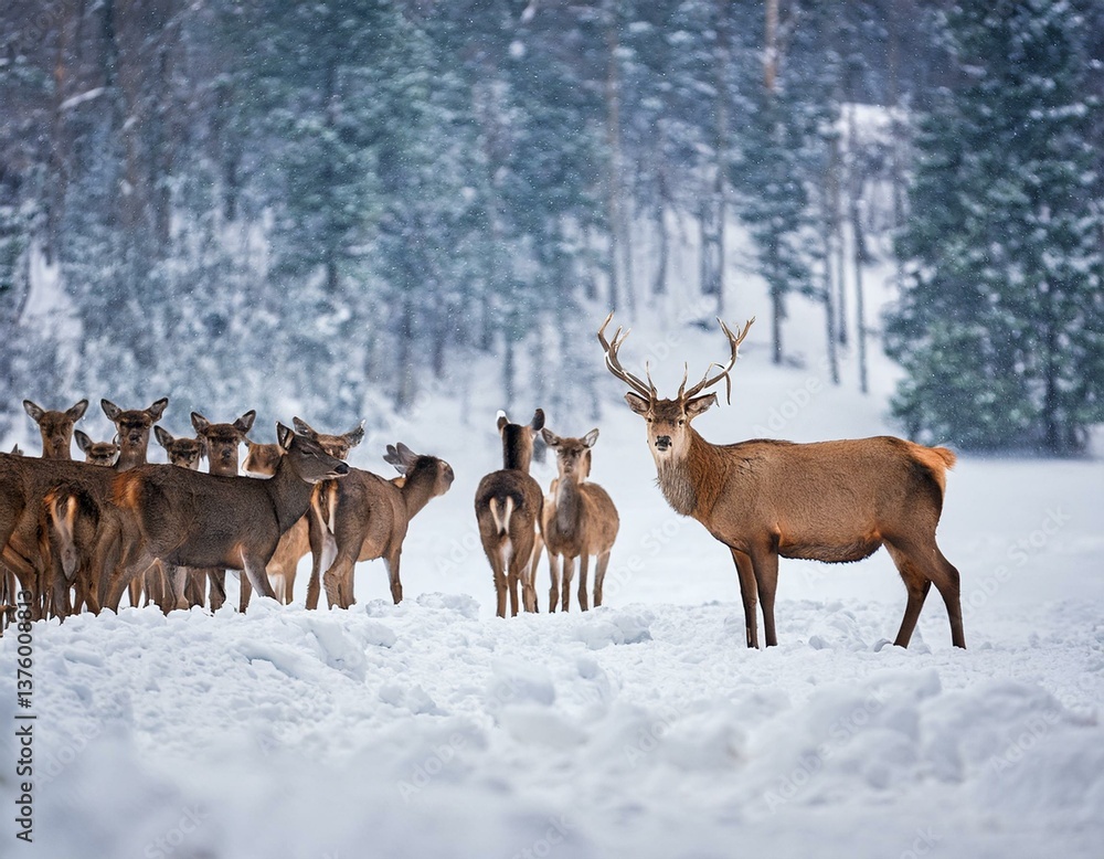 A noble deer with females in the herd against the background of a beautiful winter snow fore A noble deer with females in the herd against the background of a beautiful winter snow fore