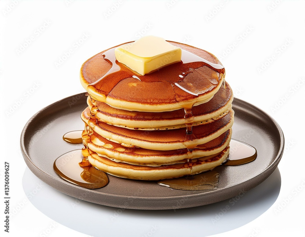 A plate of American pancakes with syrup and butter isolated on white background A plate of American pancakes with syrup and butter isolated on white background