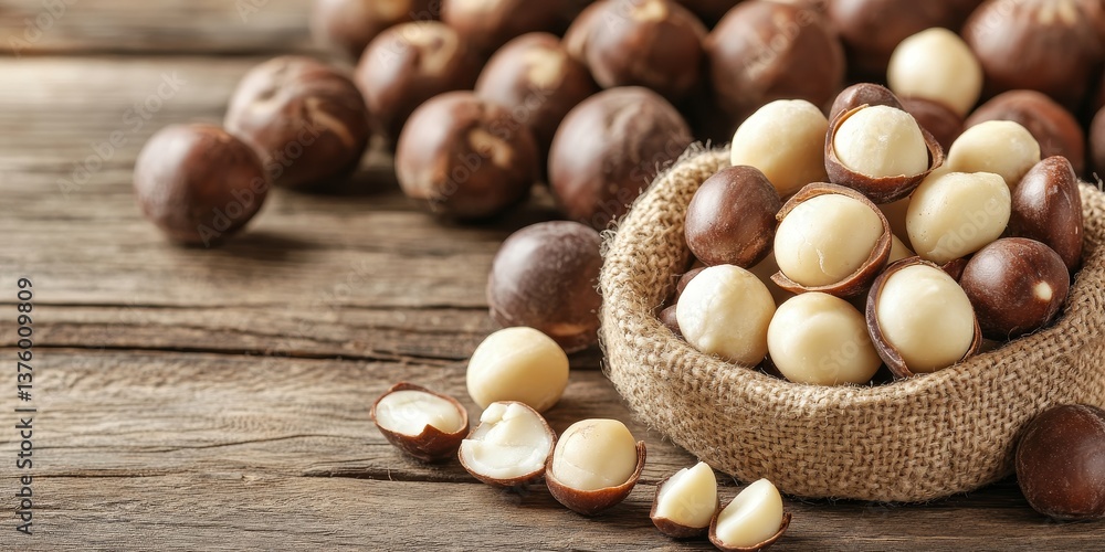 Close Up, Macadamia Nuts In Burlap Sack On Rustic Wood With Shell And Plenty Of Copy Space. Close Up, Macadamia Nuts In Burlap Sack On Rustic Wood With Shell And Plenty Of Copy Space.