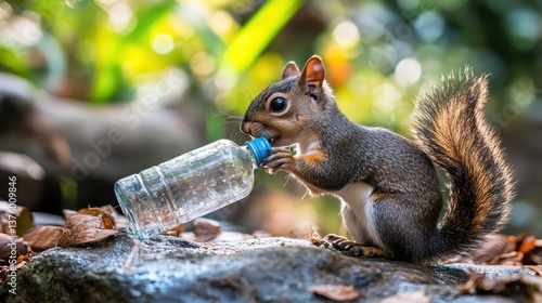 squirrel using a discarded bottle as shelter focus on ingenuity vibrant silhouette city park