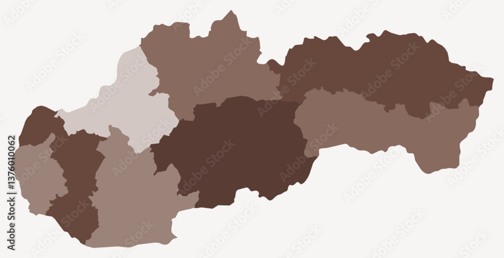 Fototapeta premium Map of Slovakia with regions. Just a simple country border map with region division. Brown color palette. Blank Slovakia shape with administrative division. Vector illustration.