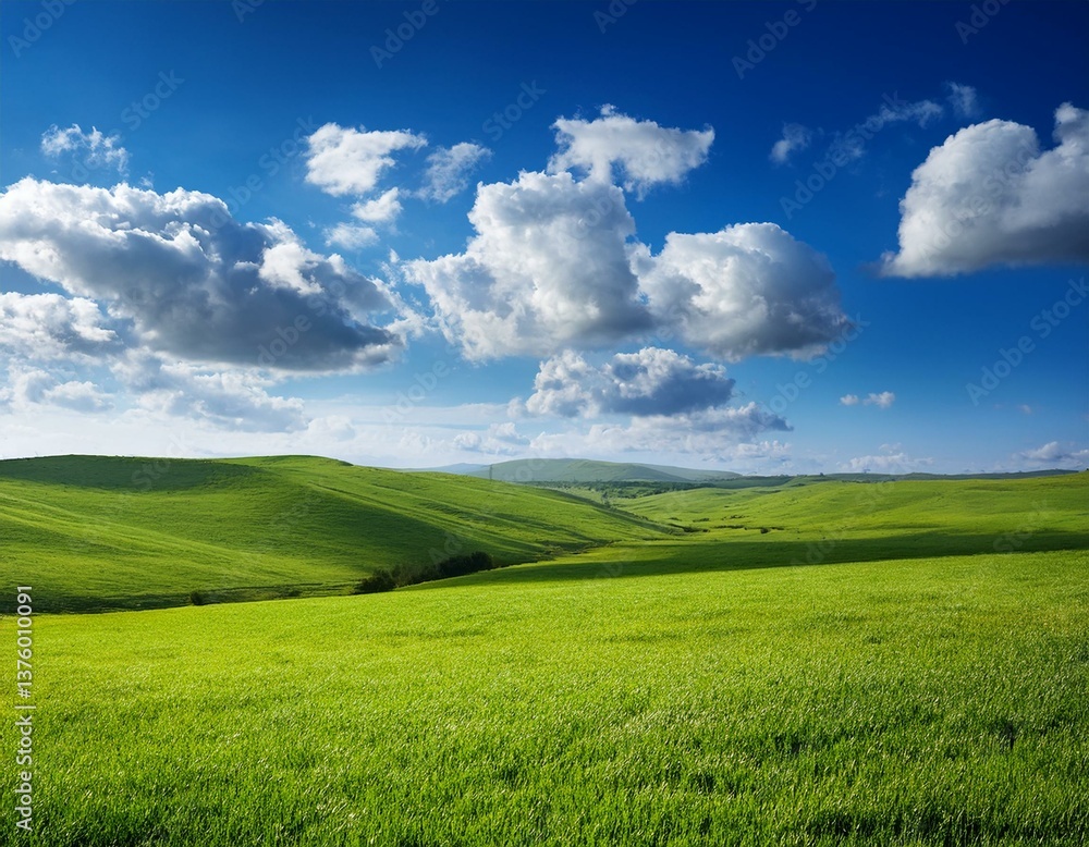 Fototapeta premium A serene landscape of vibrant green meadows under a vast blue sky dotted with fluffy white