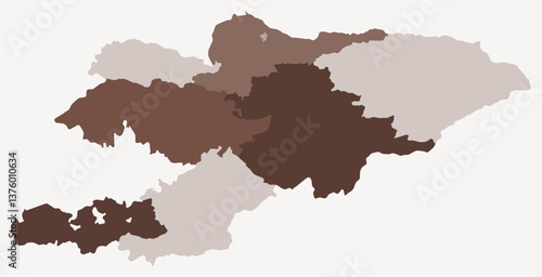 Map of Kyrgyzstan with regions. Just a simple country border map with region division. Brown color palette. Blank Kyrgyzstan shape with administrative division. Vector illustration.