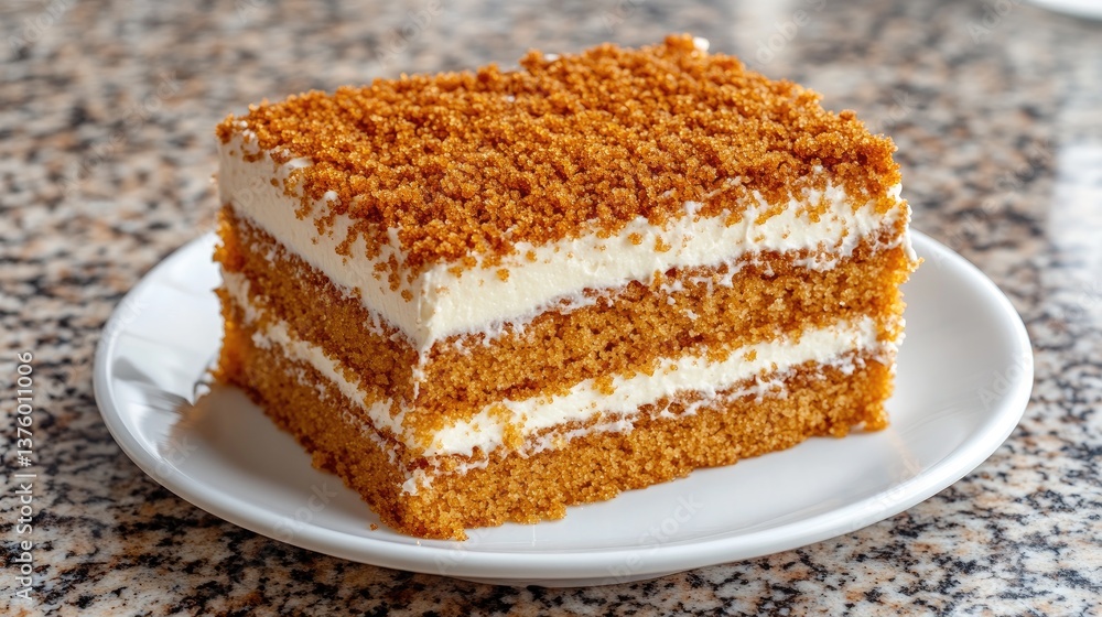 A slice of moist brown sugar cake topped with cream cheese frosting and decorated with light-brown crumbs rests in a kitchen A slice of moist brown sugar cake topped with cream cheese frosting and decorated with light-brown crumbs rests in a kitchen