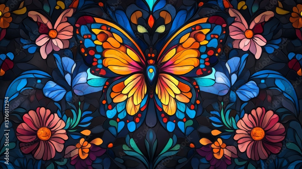 A stylized stained glass pattern featuring floral motifs and butterflies in jewel tone colors with glowing light effect A stylized stained glass pattern featuring floral motifs and butterflies in jewel tone colors with glowing light effect