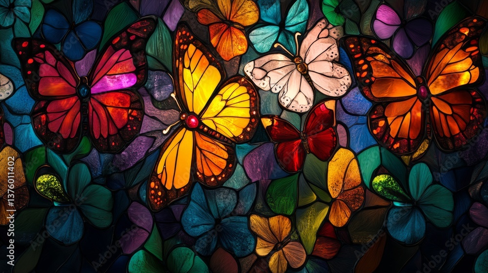 A stylized stained glass pattern featuring floral motifs and butterflies in jewel tone colors with glowing light effect A stylized stained glass pattern featuring floral motifs and butterflies in jewel tone colors with glowing light effect