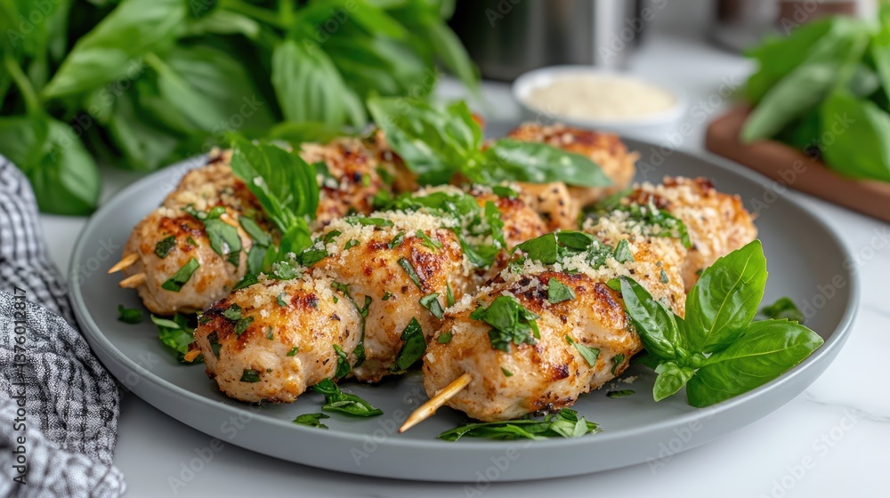 Close-up view of grilled Parmesan chicken skewers highlighting a delicious texture and flavor, perfect for meal ideas or party snacks Close-up view of grilled Parmesan chicken skewers highlighting a delicious texture and flavor, perfect for meal ideas or party snacks