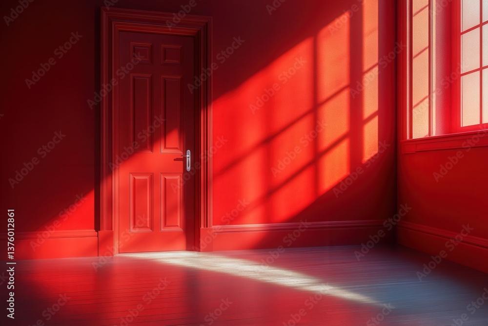Red room with sunlight streaming through windows, casting shadows across the floor. Red room with sunlight streaming through windows, casting shadows across the floor.