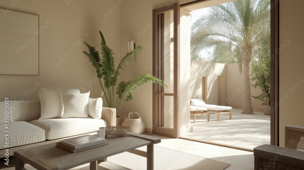 A modern living room with an open doorway that leads to an outdoor area with palm trees. It features a comfortable sofa, a wooden coffee table, and a natural color palette A modern living room with an open doorway that leads to an outdoor area with palm trees. It features a comfortable sofa, a wooden coffee table, and a natural color palette