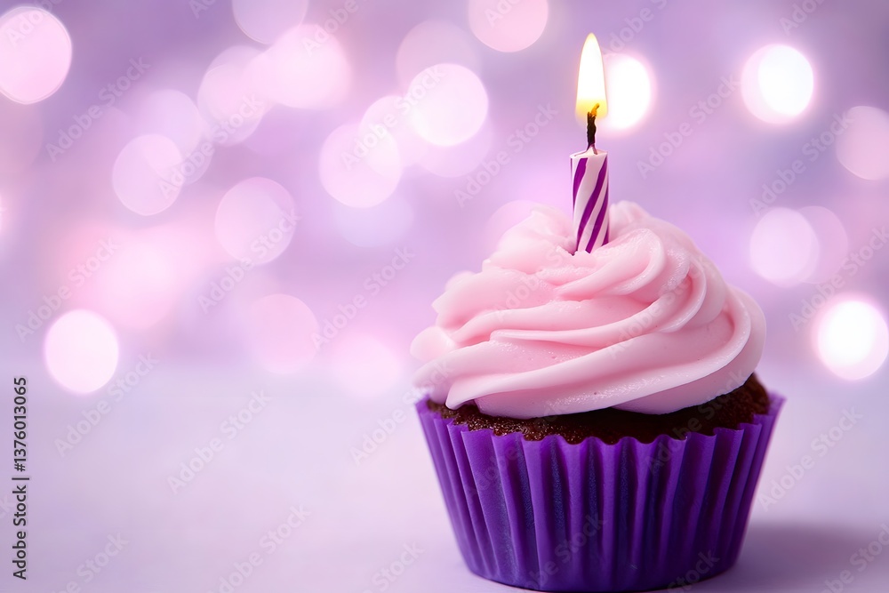 Pink Birthday Cupcake with Purple Candle on Bokeh Background Pink Birthday Cupcake with Purple Candle on Bokeh Background