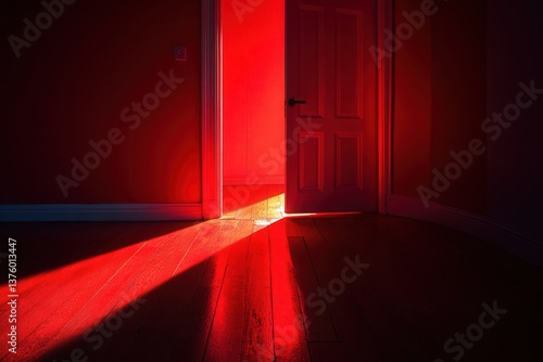 Mysterious red glow emanates from an ajar door, casting eerie shadows on the wooden floor.